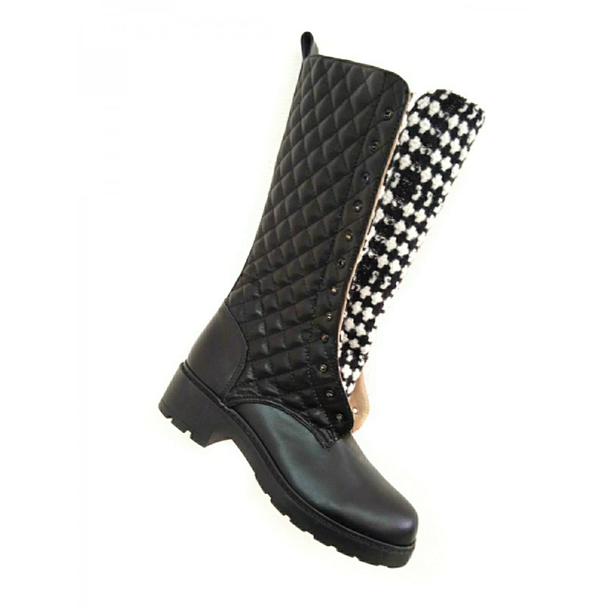 Γυναικείες δετές μπότες καπιτονέ με τουίντ γλώσσα Tessera® σε μαύρο χρώμα